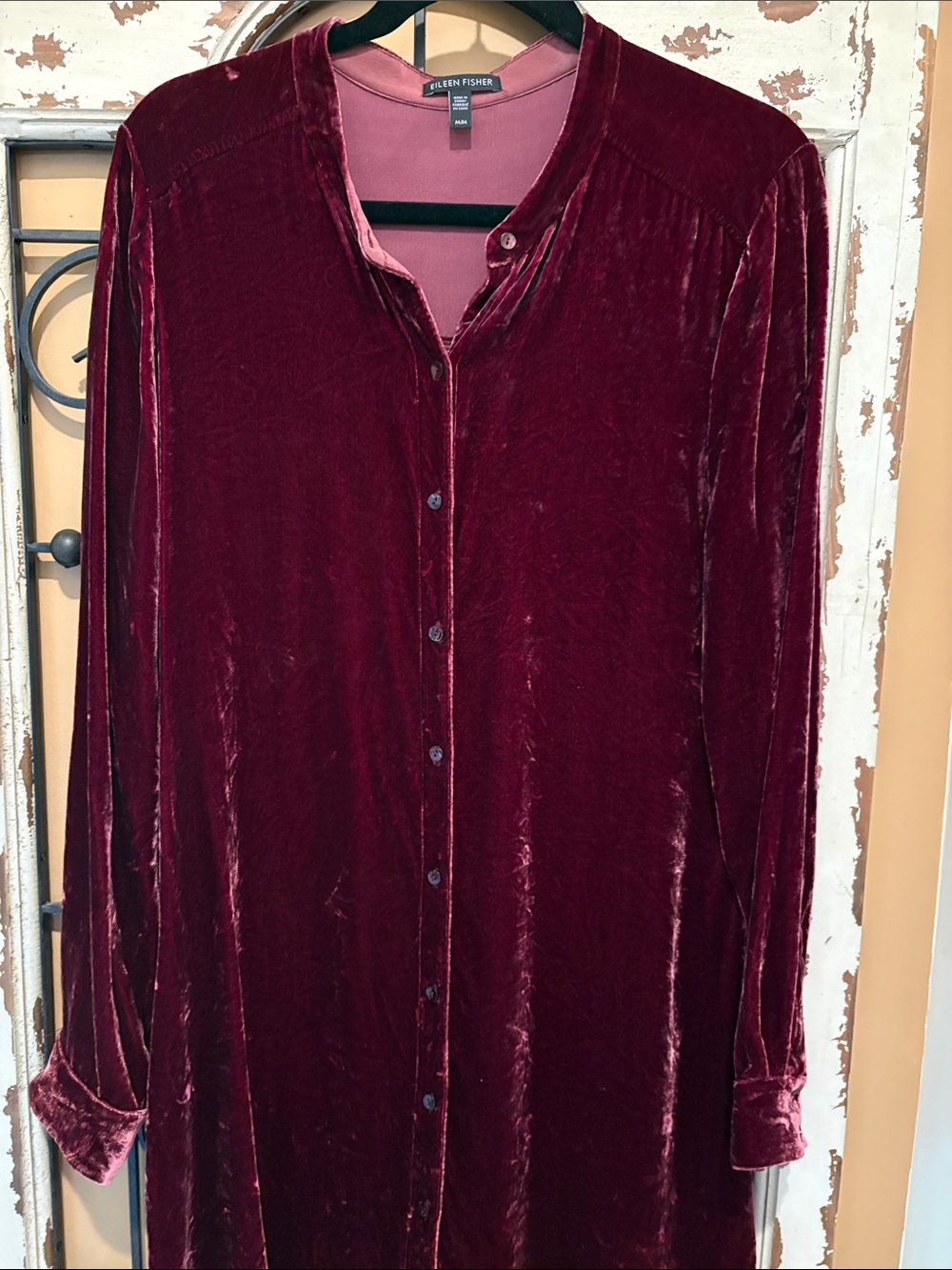 Eileen Fisher Velvet Button-Front Shirt Dress in Deep Burgundy